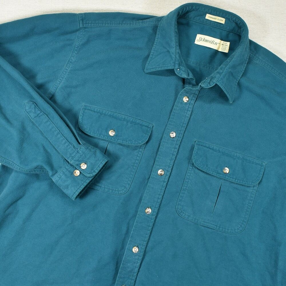VTG St Johns Bay Mens XXL Chamois Cloth Shirt Teal Heavyweight Cotton 90s Casual